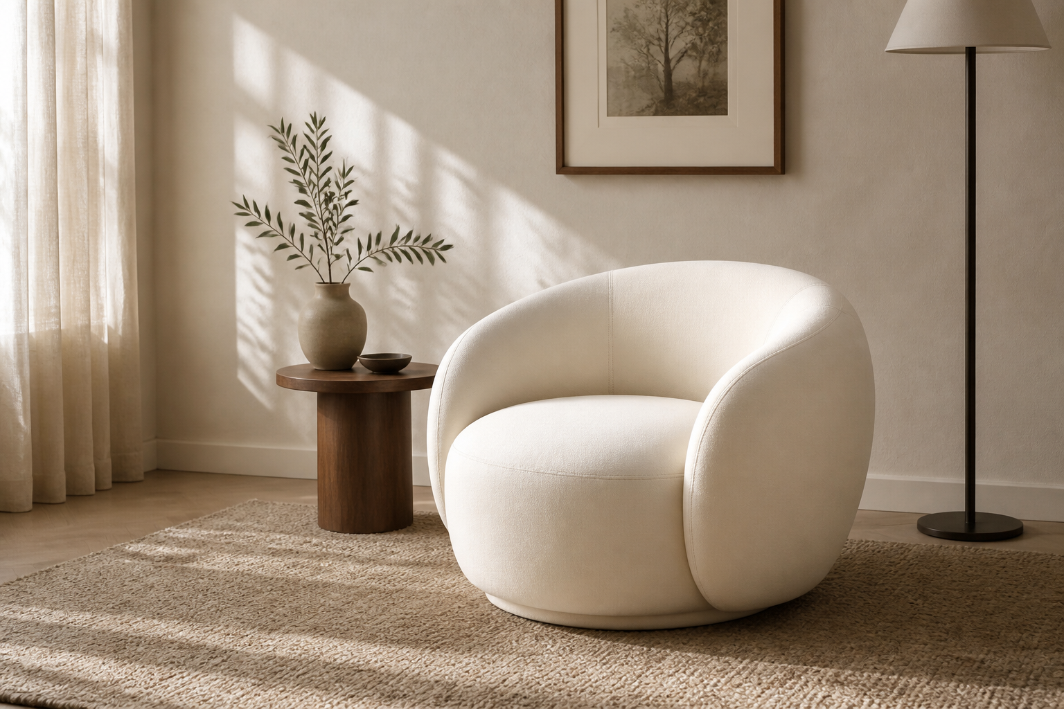 Auden accent chair styled in a warm modern interior