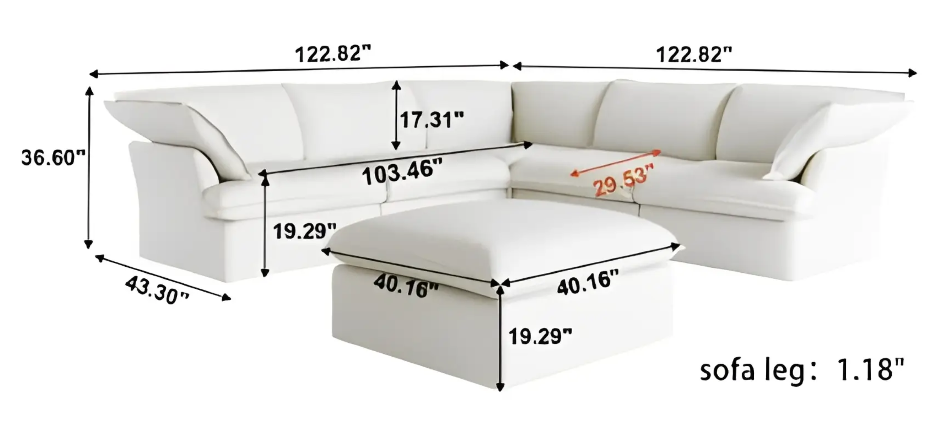 MH-SF120 L shaped sofa with ottoman dimensions